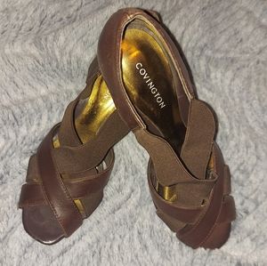 Covington Ladies Criss-cross Leather-Upper-Elastic Slip-on 3.5" Heel Sz 5.5